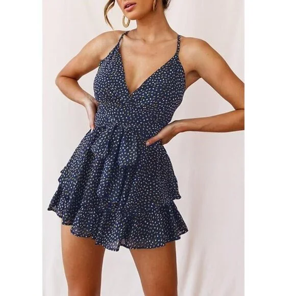 NIP Fixmatti Cute Spaghetti Strap V Neck Backless Ruffle Skirt Romper - Small - Picture 3 of 13
